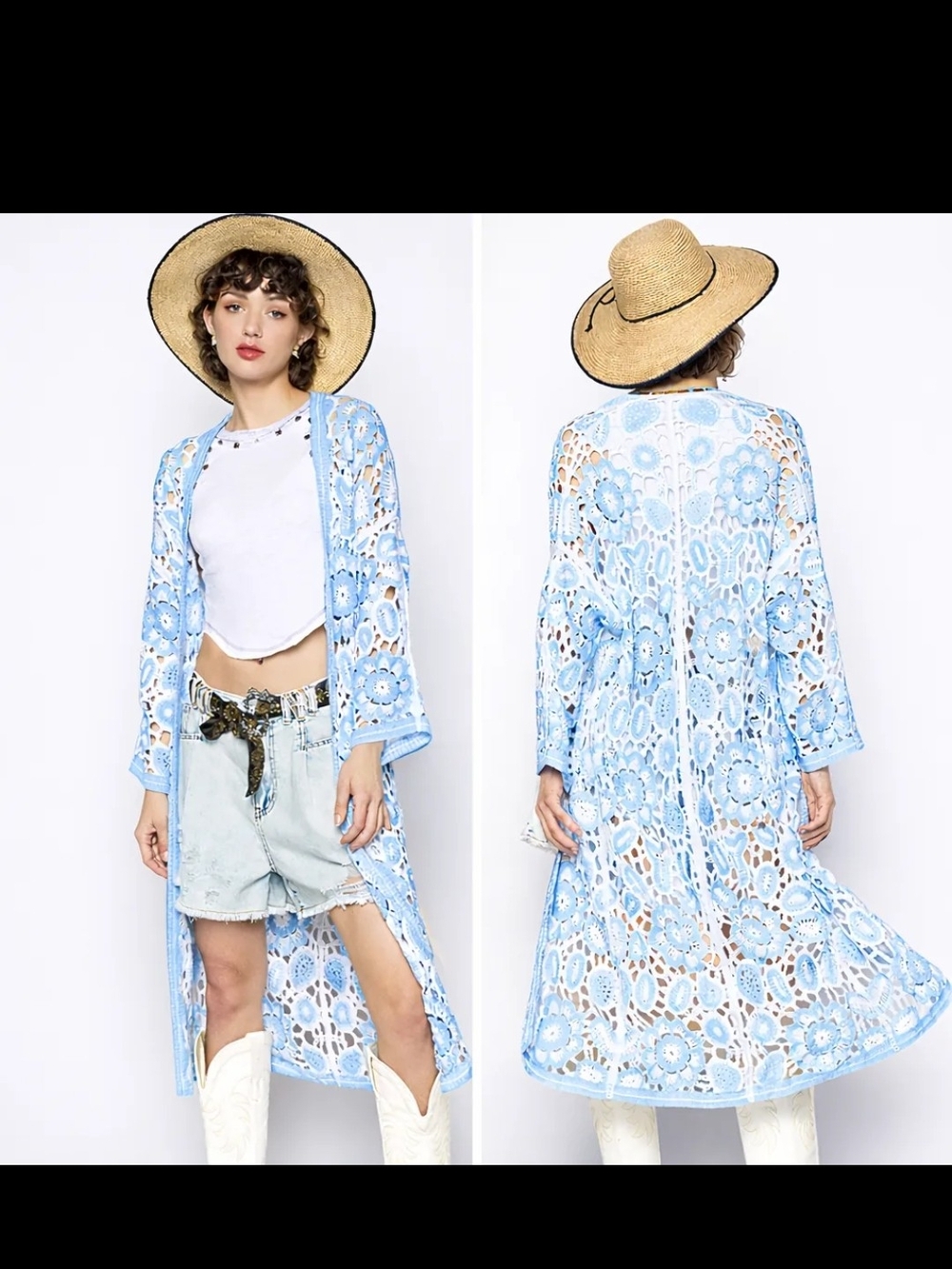 POL Light Blue and White Crochet Top/ Duster One Size